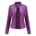 Women's Stand Collar Zip-Up PU Leather Jacket